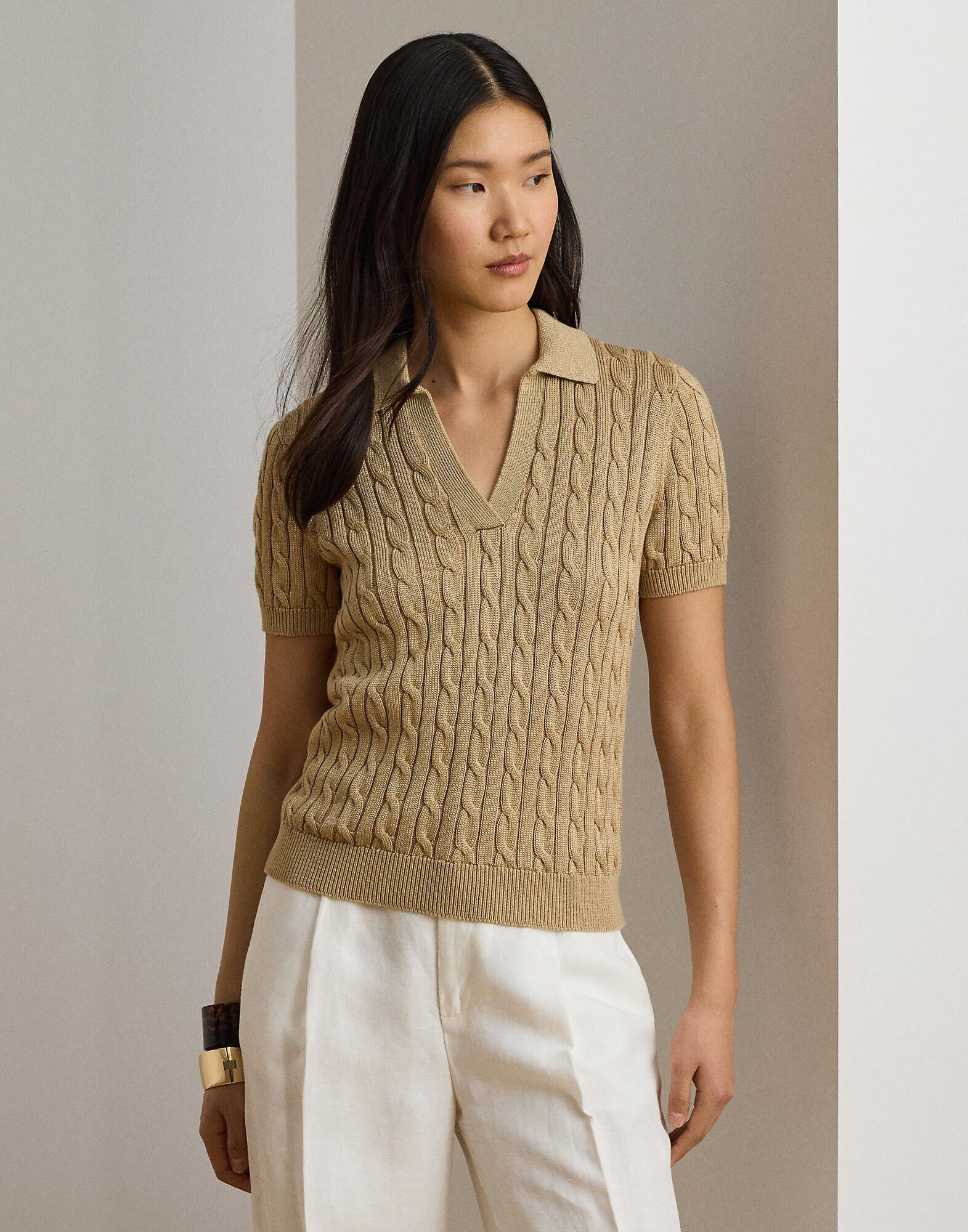 Cable Cotton-Blend Short-Sleeve Sweater
