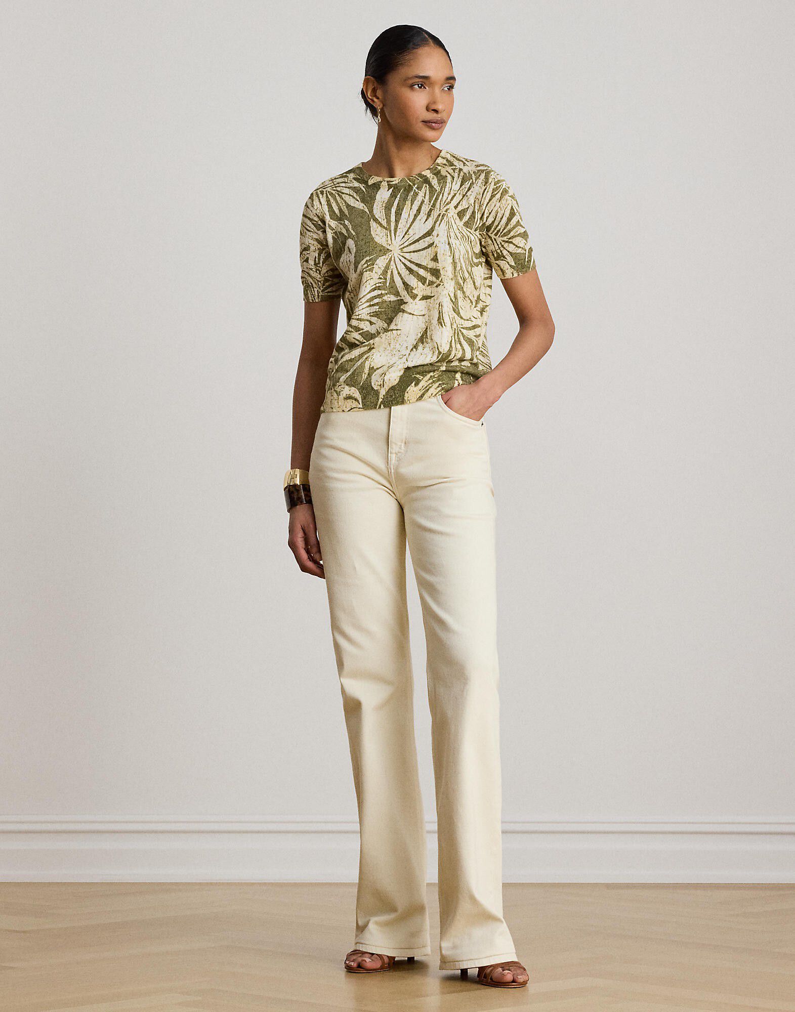Palm-Frond-Print Short-Sleeve Sweater