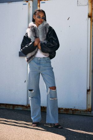 NMIVY FUR COLLAR LOOSE BOMBER