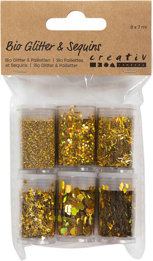 Bio-glimmer & Pailletter, guld, 6x7ml.