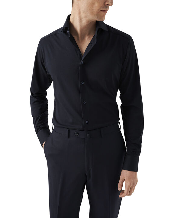 Slim Fit Navy Blue Solid Four-Flex Stretch Shirt