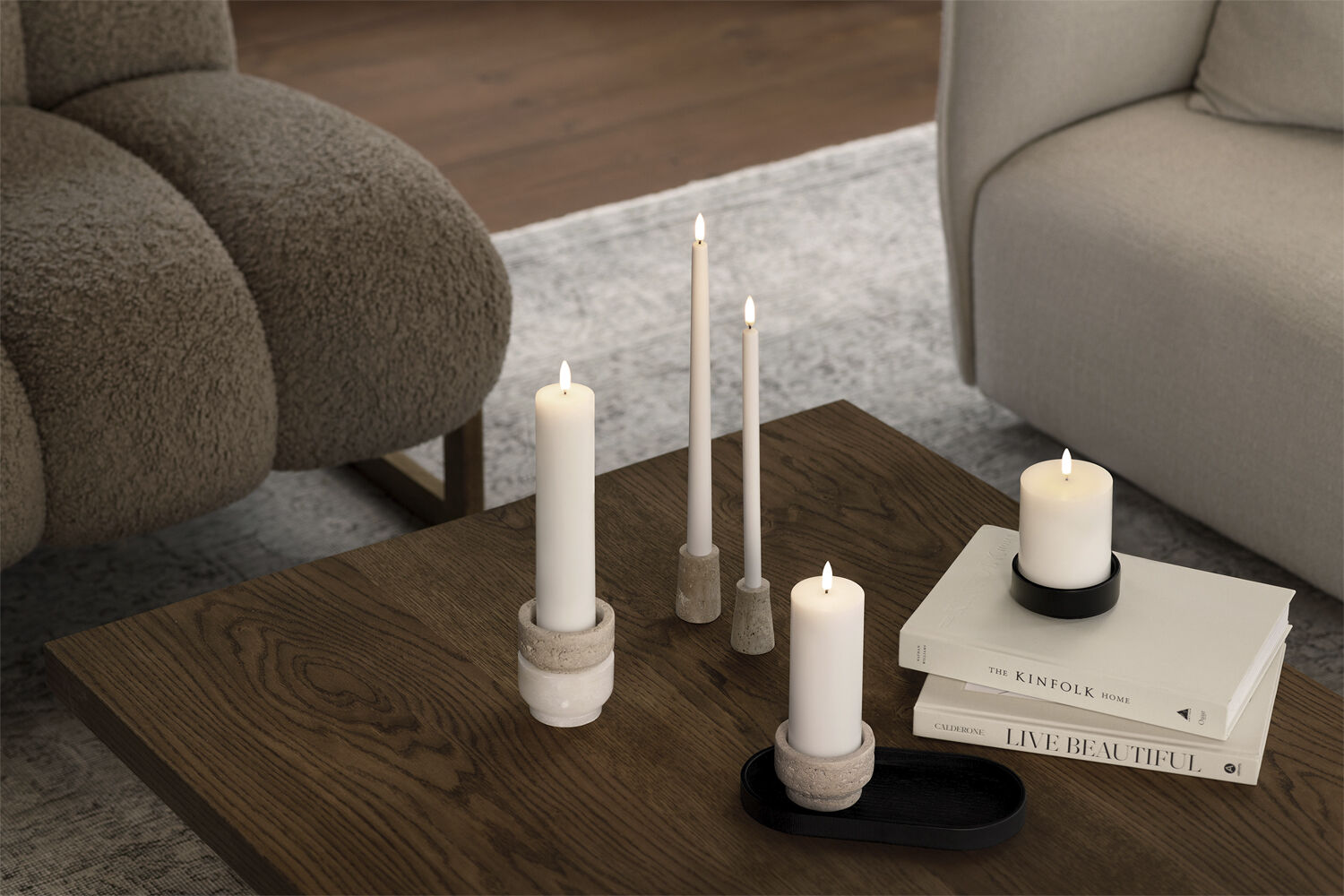 Travertine Candleholder mini taper, S, Desert beige, 2-pack,