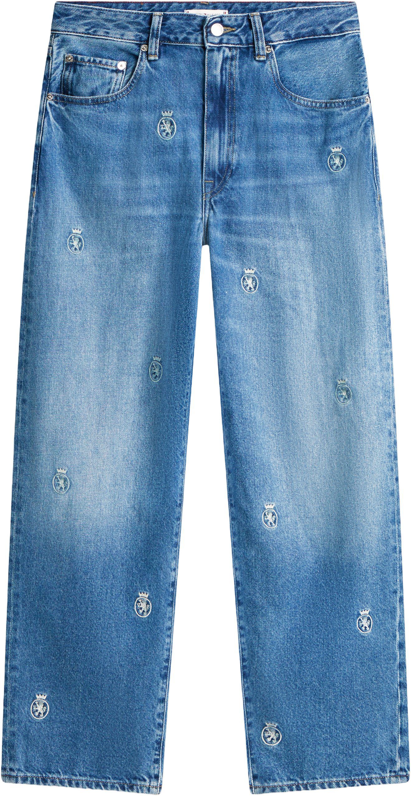 Crest Embroidery Mid Rise Barrel Leg Jeans