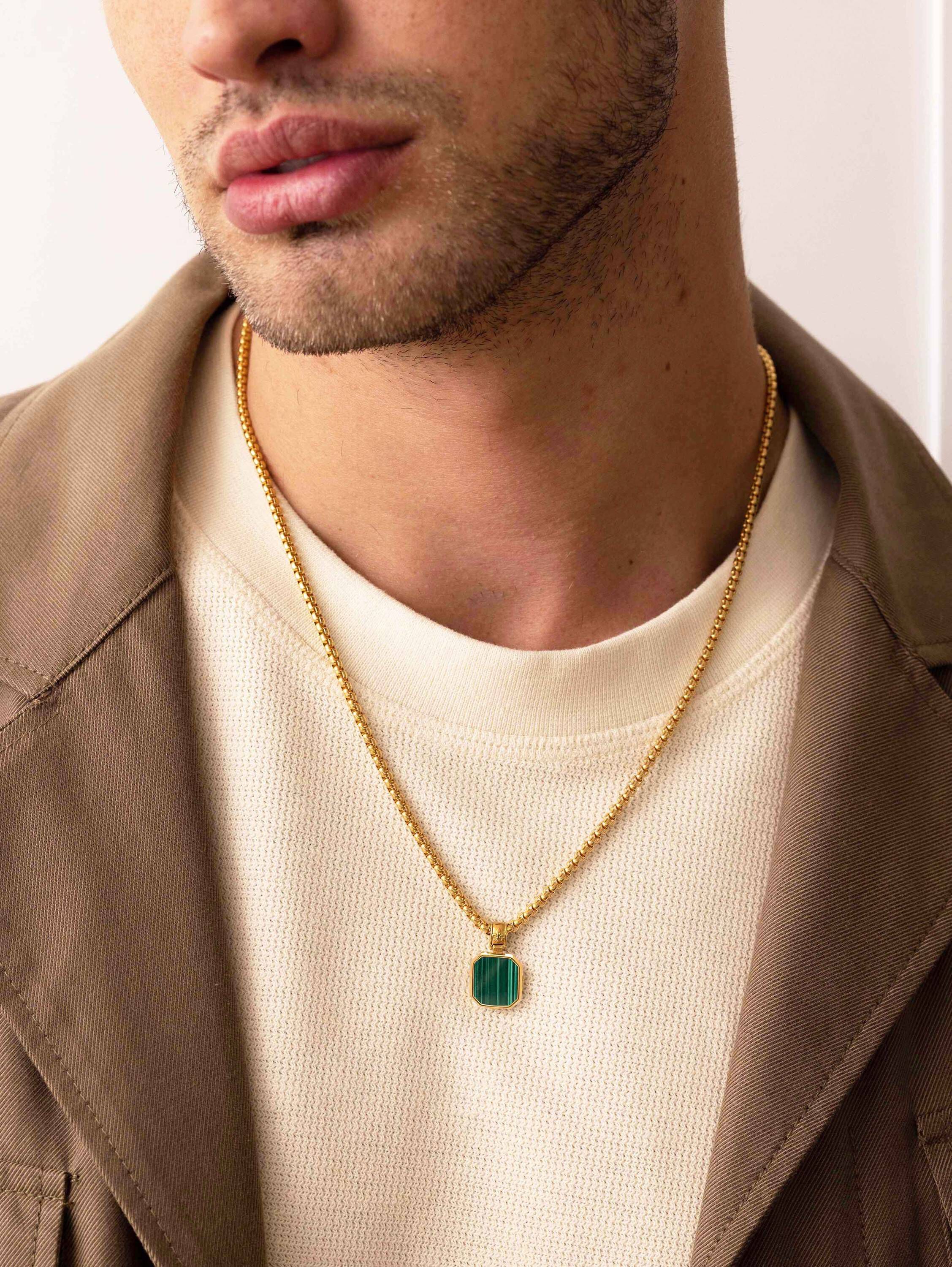 Gold Necklace with Square Malachite Pendant