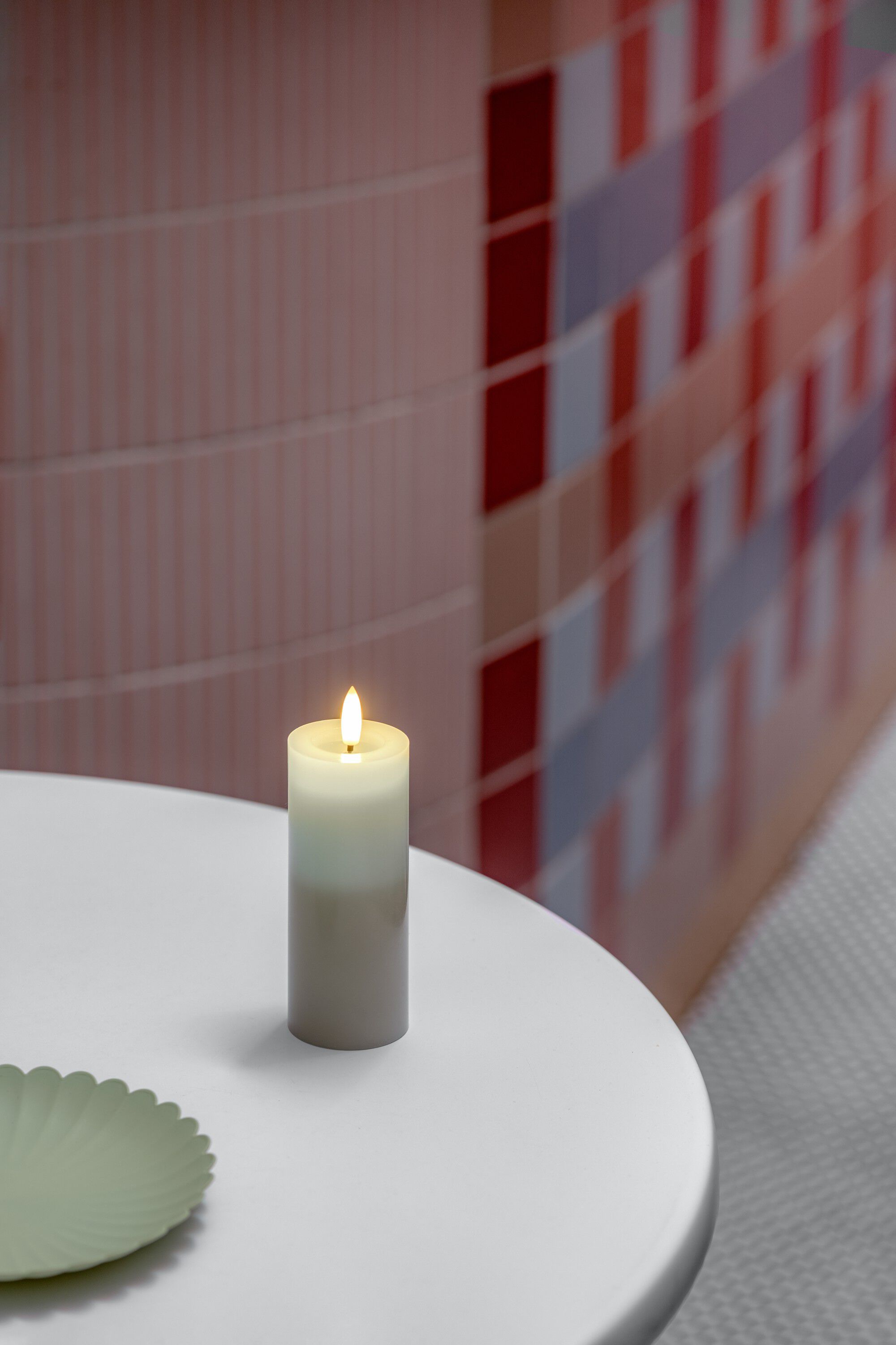 MM LED pillar candle, Silk, Melted, Multi-colour green, 49x125 mm