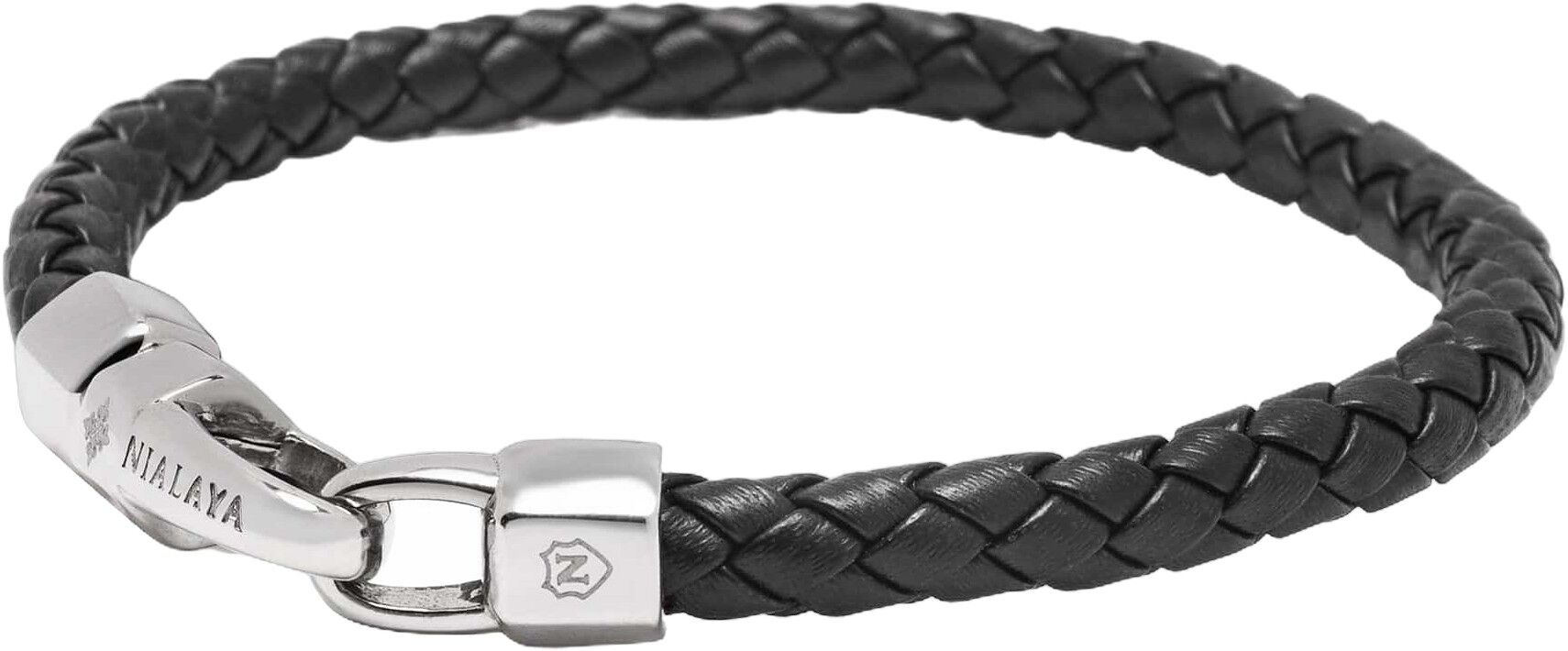 Braided Black Leather Bracelet in Silver