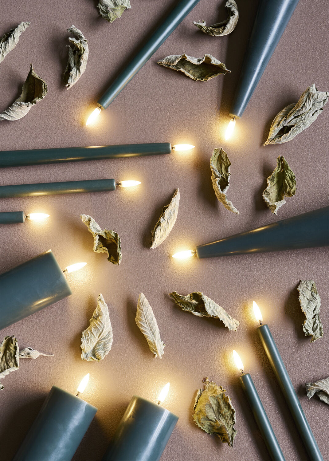 LED taper candle, Pine green, smooth, 2-pack, 2,3x25 cm