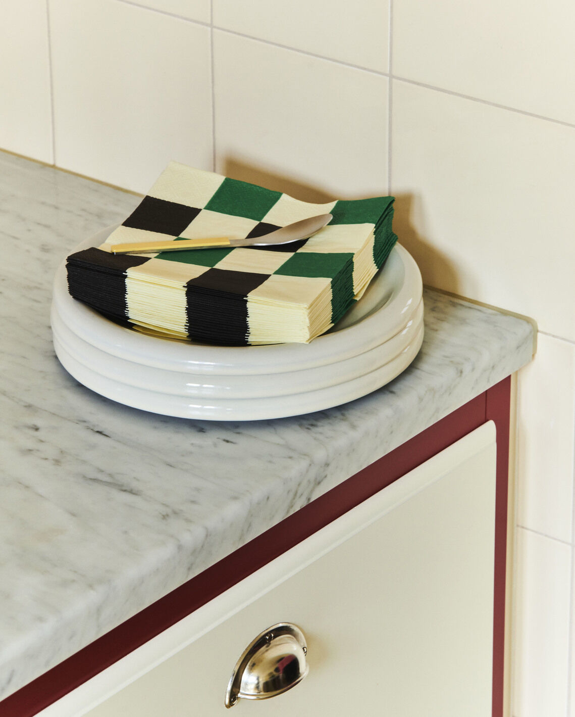 Pattern Napkins-Set of 20 Lunch-Off-white, green and black M check