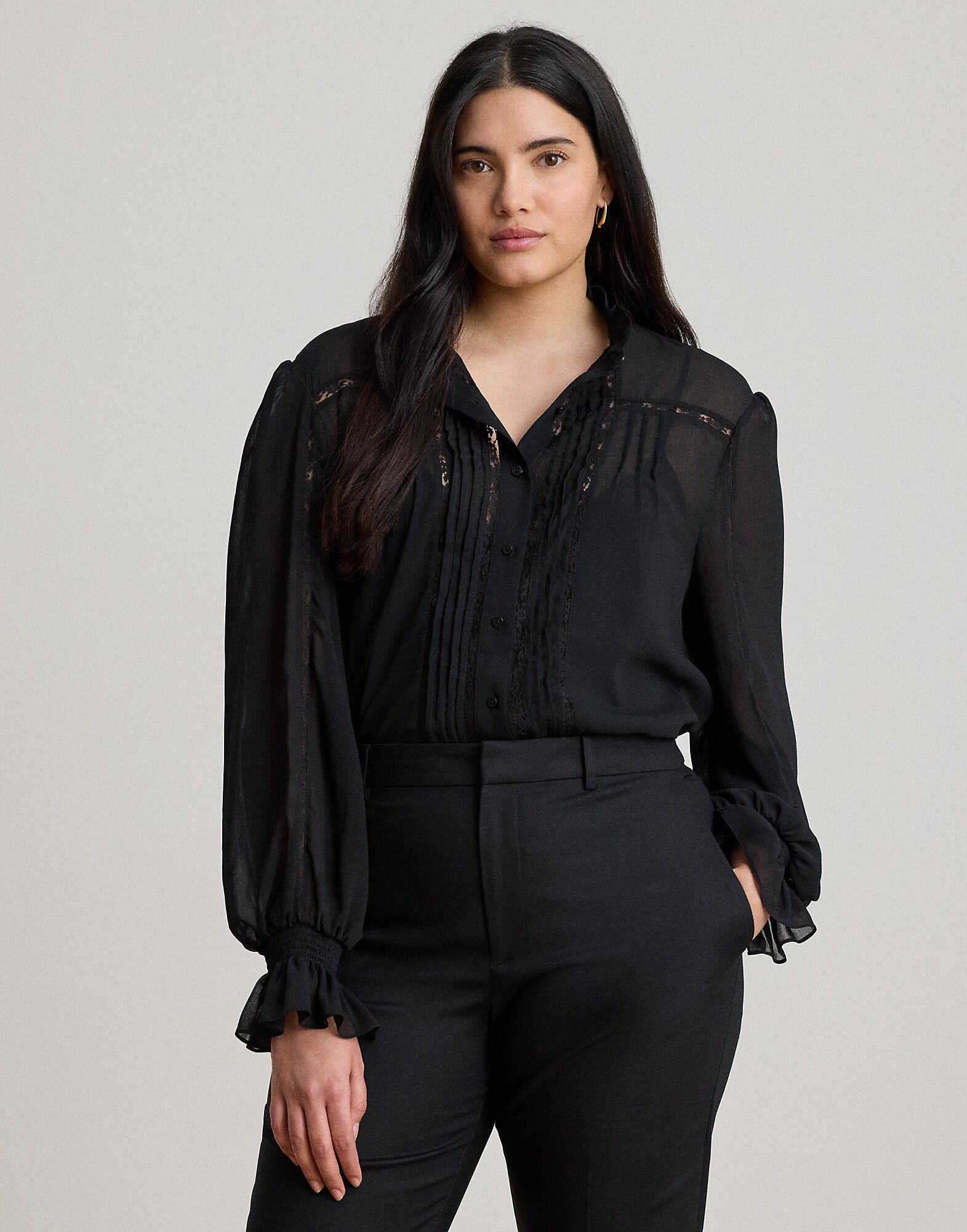 Lace-Trim Crinkle Georgette Blouse
