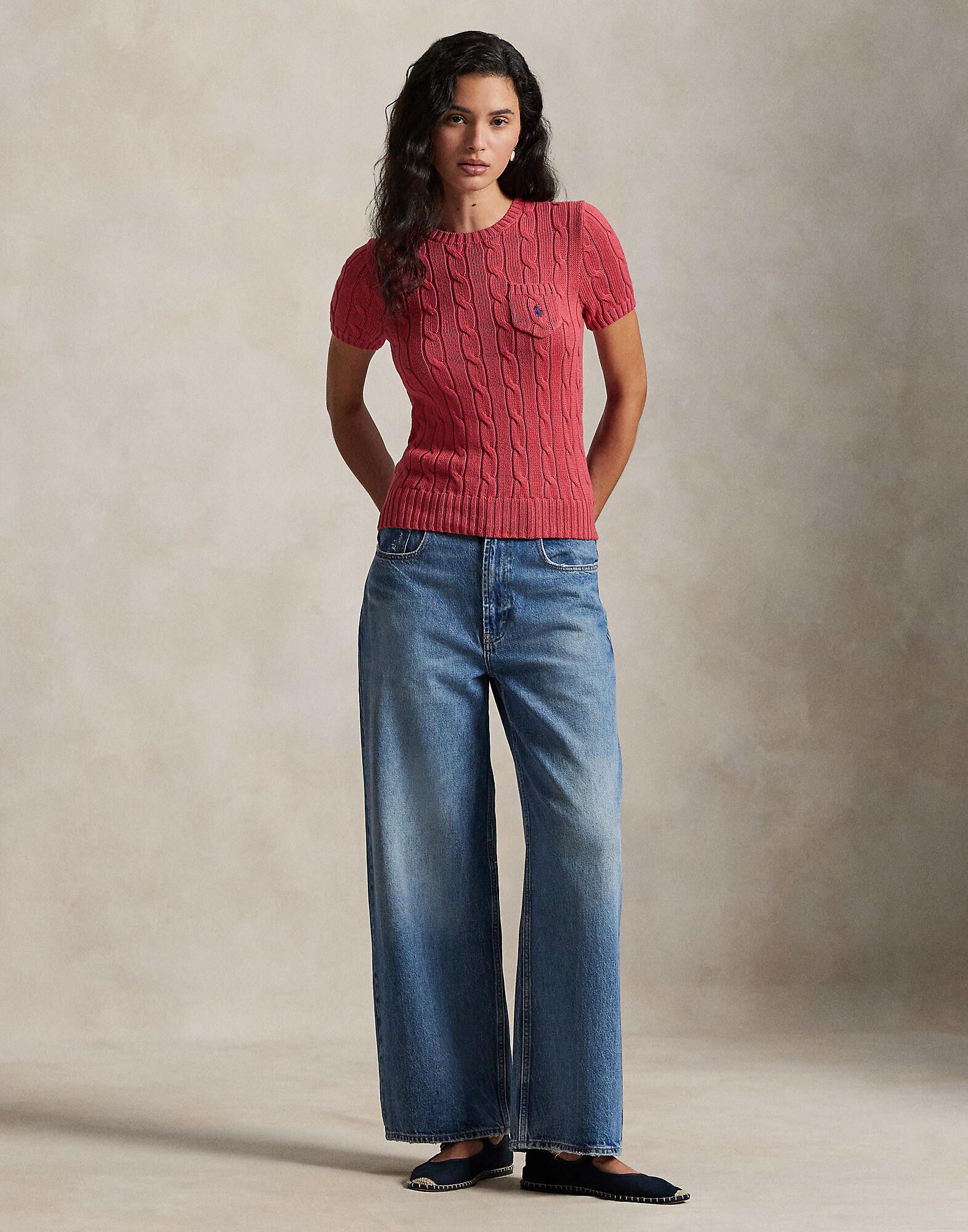 Cable-Knit Cotton Short-Sleeve Sweater