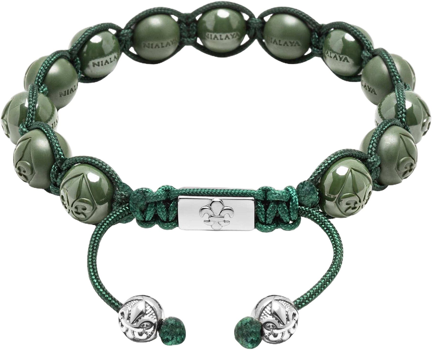 Men's Beaded Bracelet with Glossy Green, Matte Green Ceramic & Silver