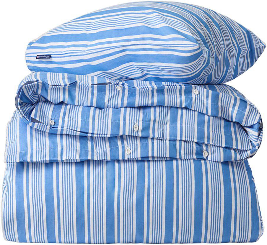 Stribet senges�t i bomuld poplin bl�/hvid