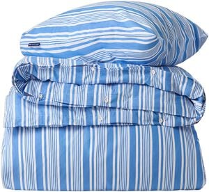 Stribet senges�t i bomuld poplin bl�/hvid