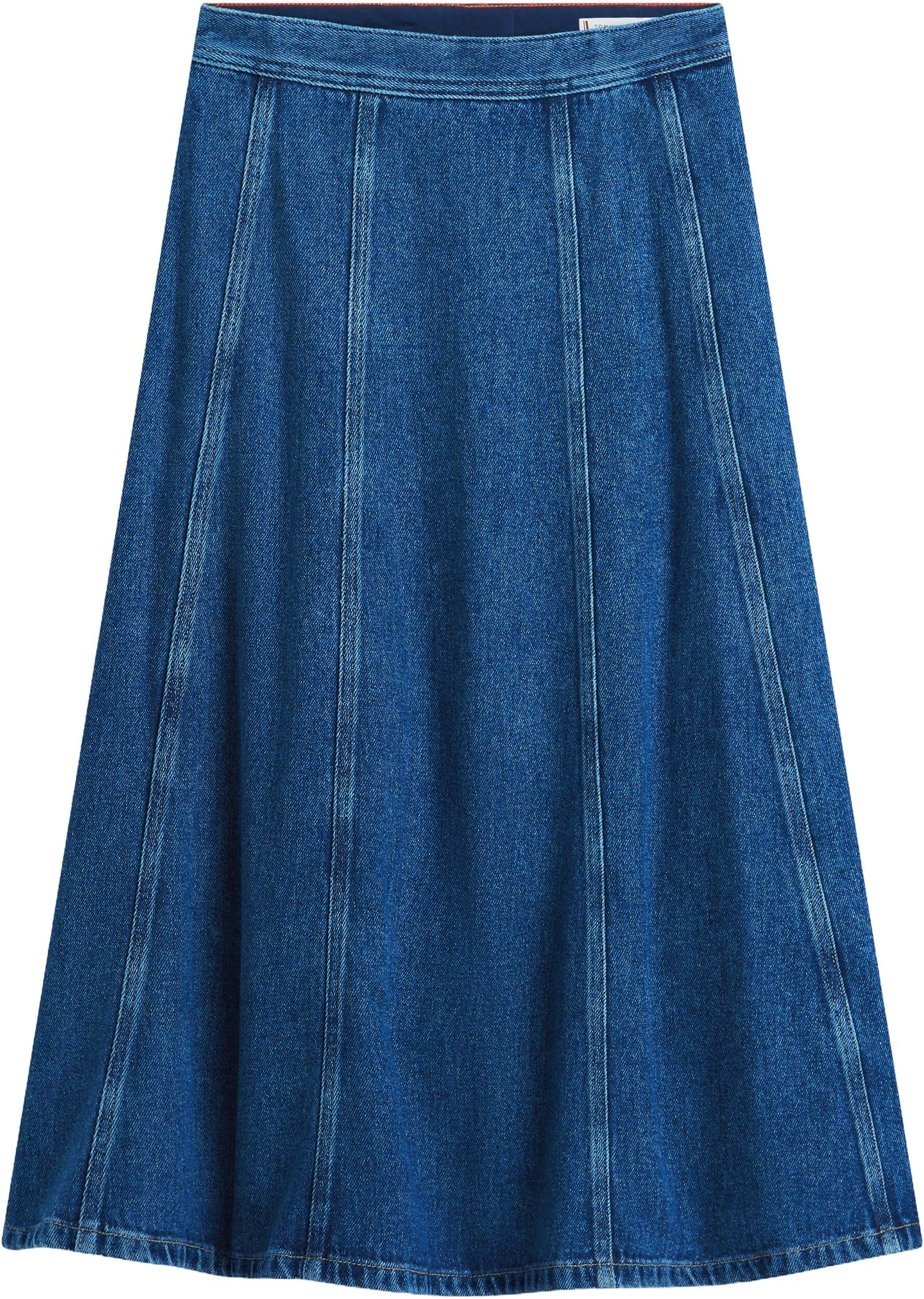 High Waisted Flared Denim Midi Skirt