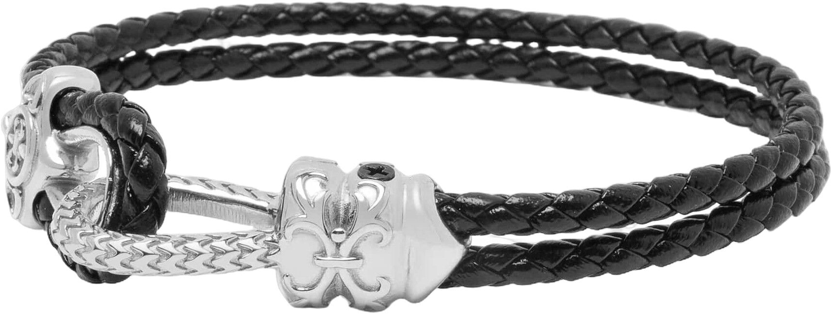 Black Leather Bracelet with Silver Rope Clasp