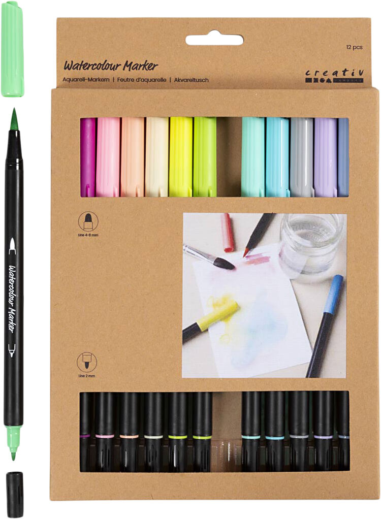 Akvareltusch, Pastel, streg 2+4-8 mm, ass. farver