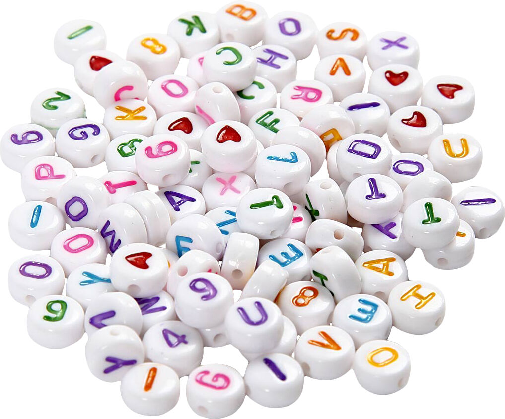 Bogstavperler, str. 7 mm, hulstr. 1,2 mm.