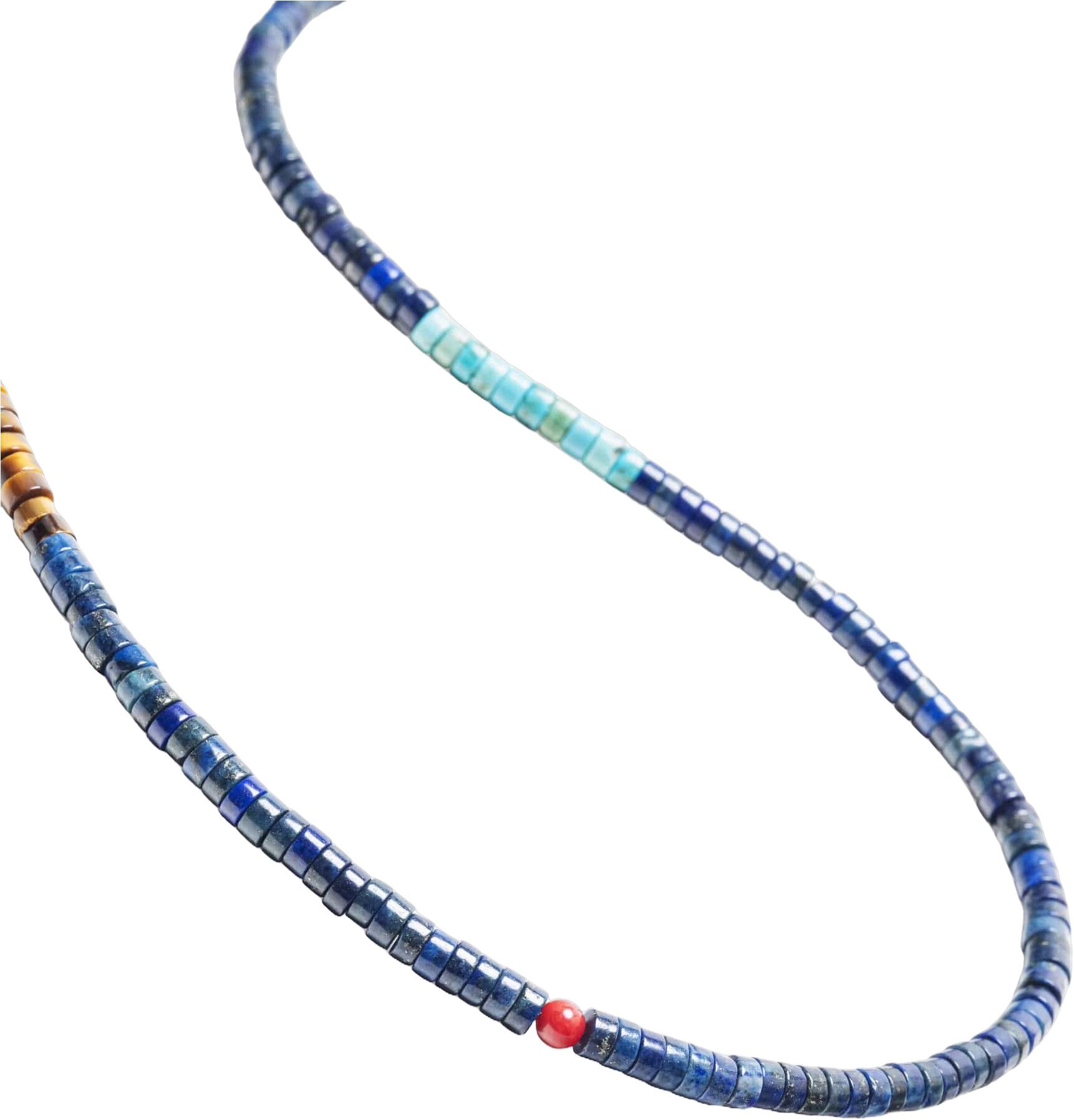 Blue Lapis Heishi Necklace with Tiger Eye and Turquoise