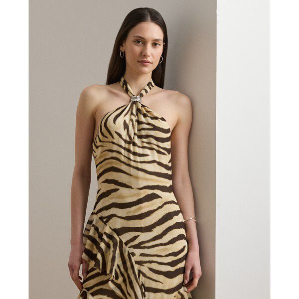 Zebra-Print Ruffle-Trim Georgette Gown