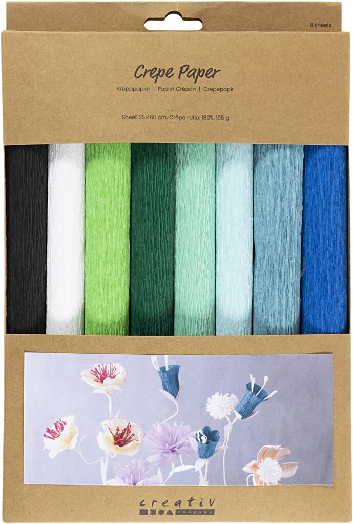 Crepepapir, ark 25x60 cm, Str&aelig;k/crepe: 180%, 105 g, bl&aring;/gr&oslash;n