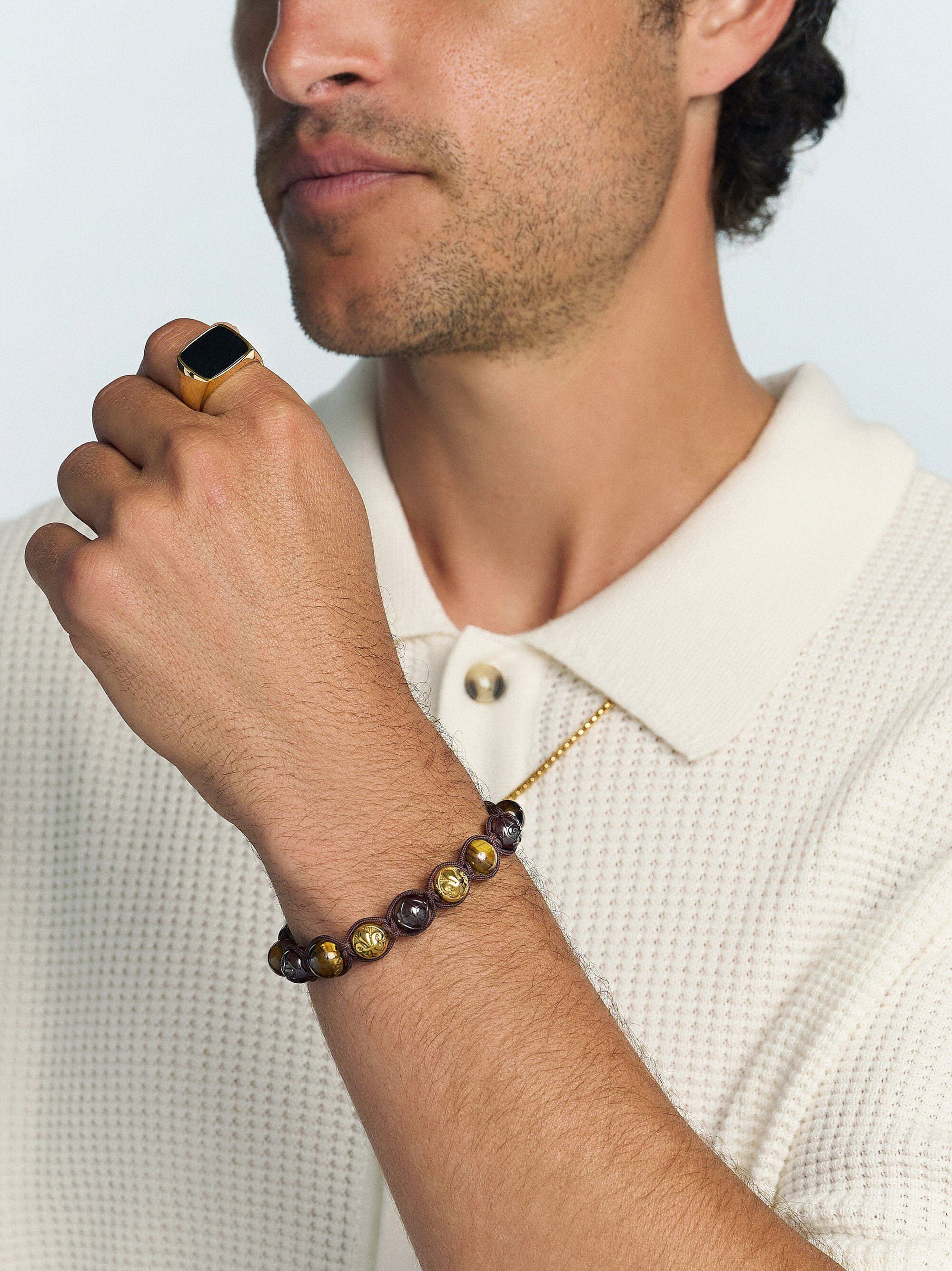 Men's Beaded Bracelet with Burgundy Ceramic, Tiger Eye and G