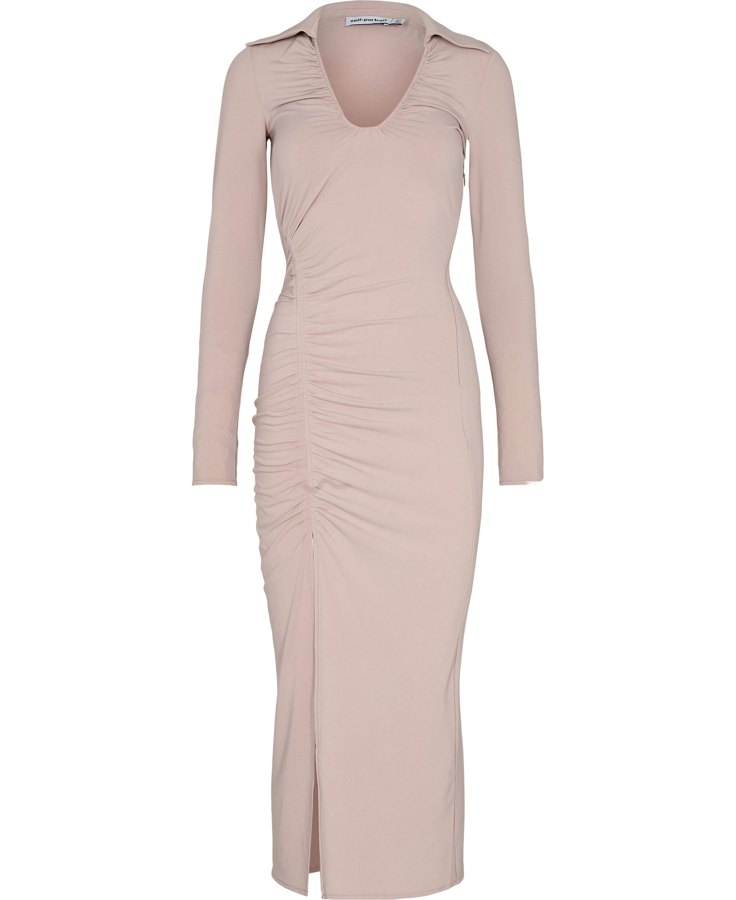 TAUPE JERSEY GATHERED MIDI DRESS