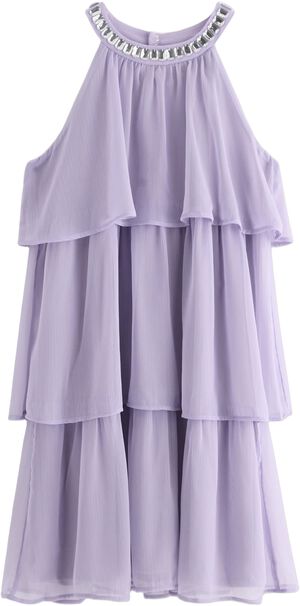 Ermeløs kjole i chiffong med strass