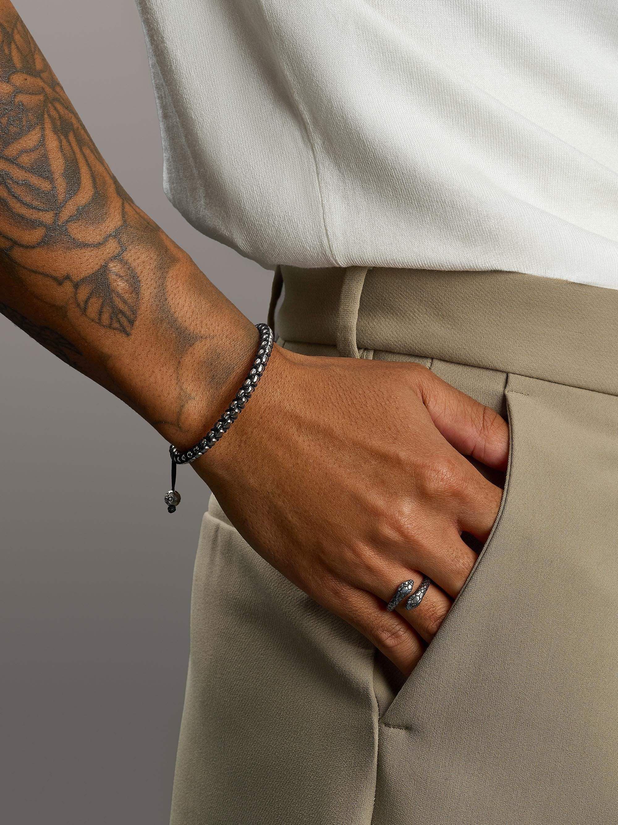 Black String Box Chain Bracelet in Silver