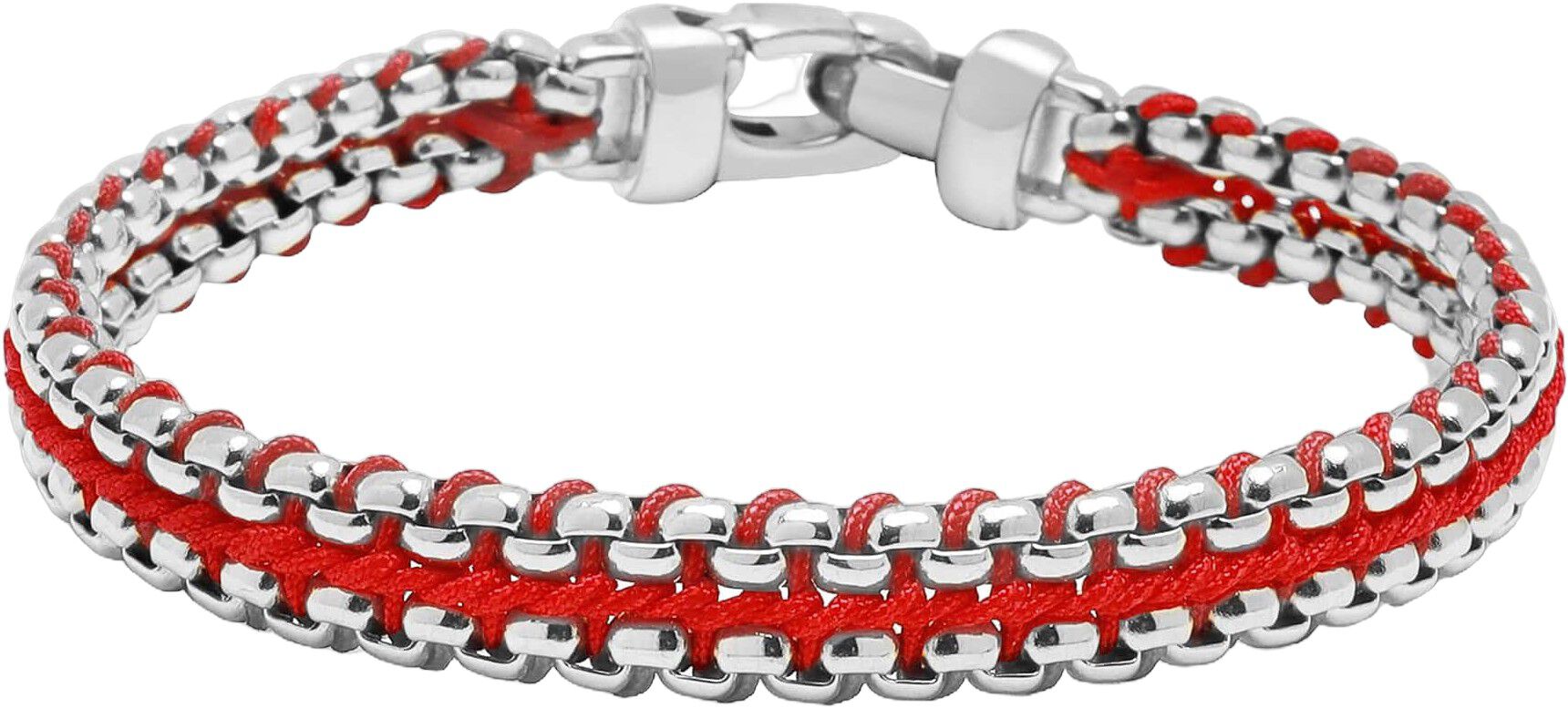 Red Woven Box Chain Bracelet in Silver