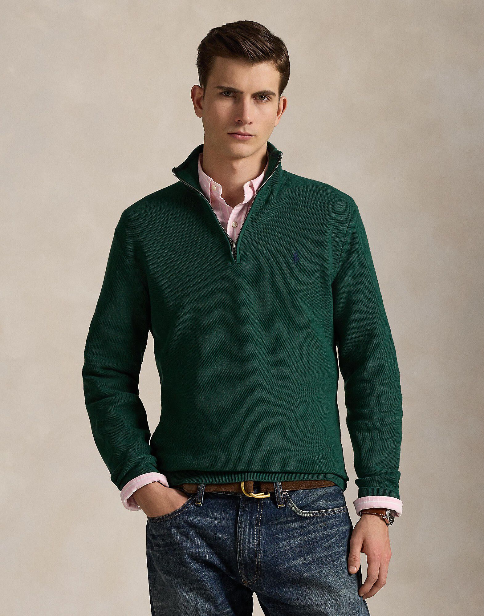 Mesh-Knit Cotton Quarter-Zip Sweater