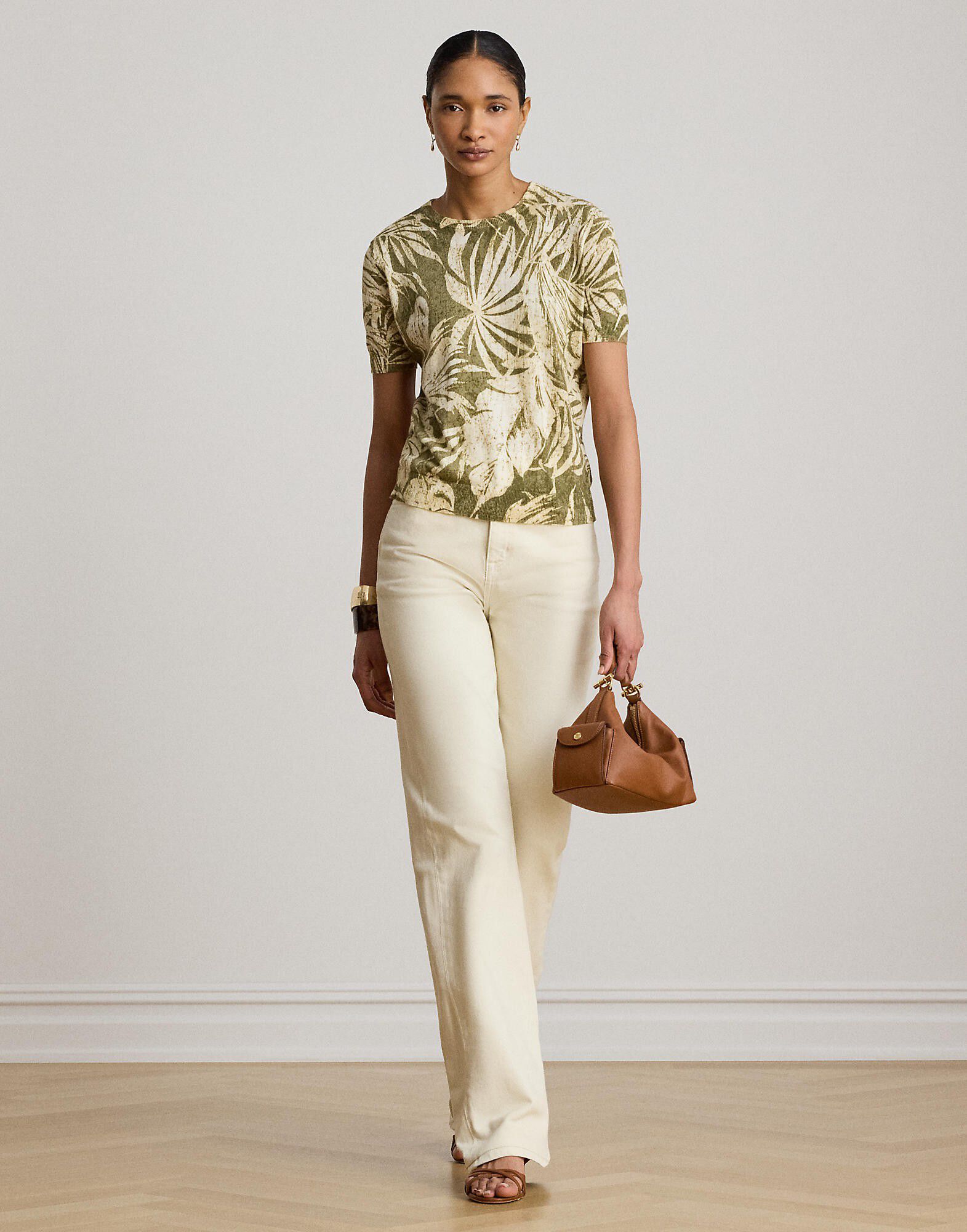 Palm-Frond-Print Short-Sleeve Sweater