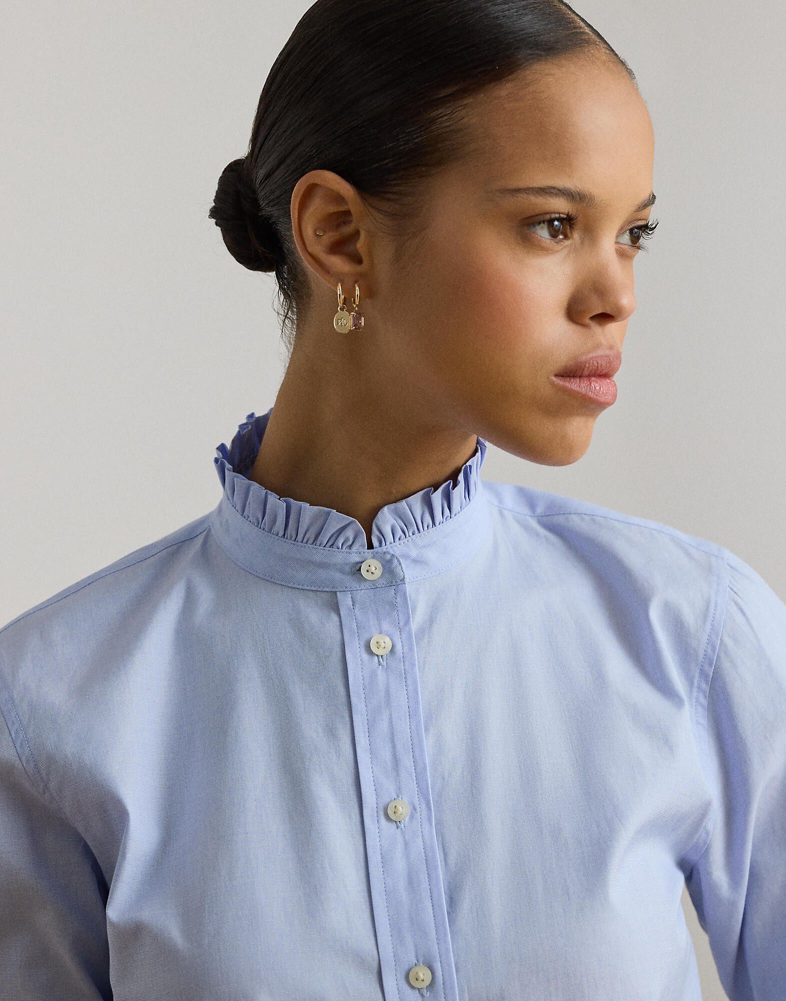 Ruffle-Trim End-on-End Cotton Shirt