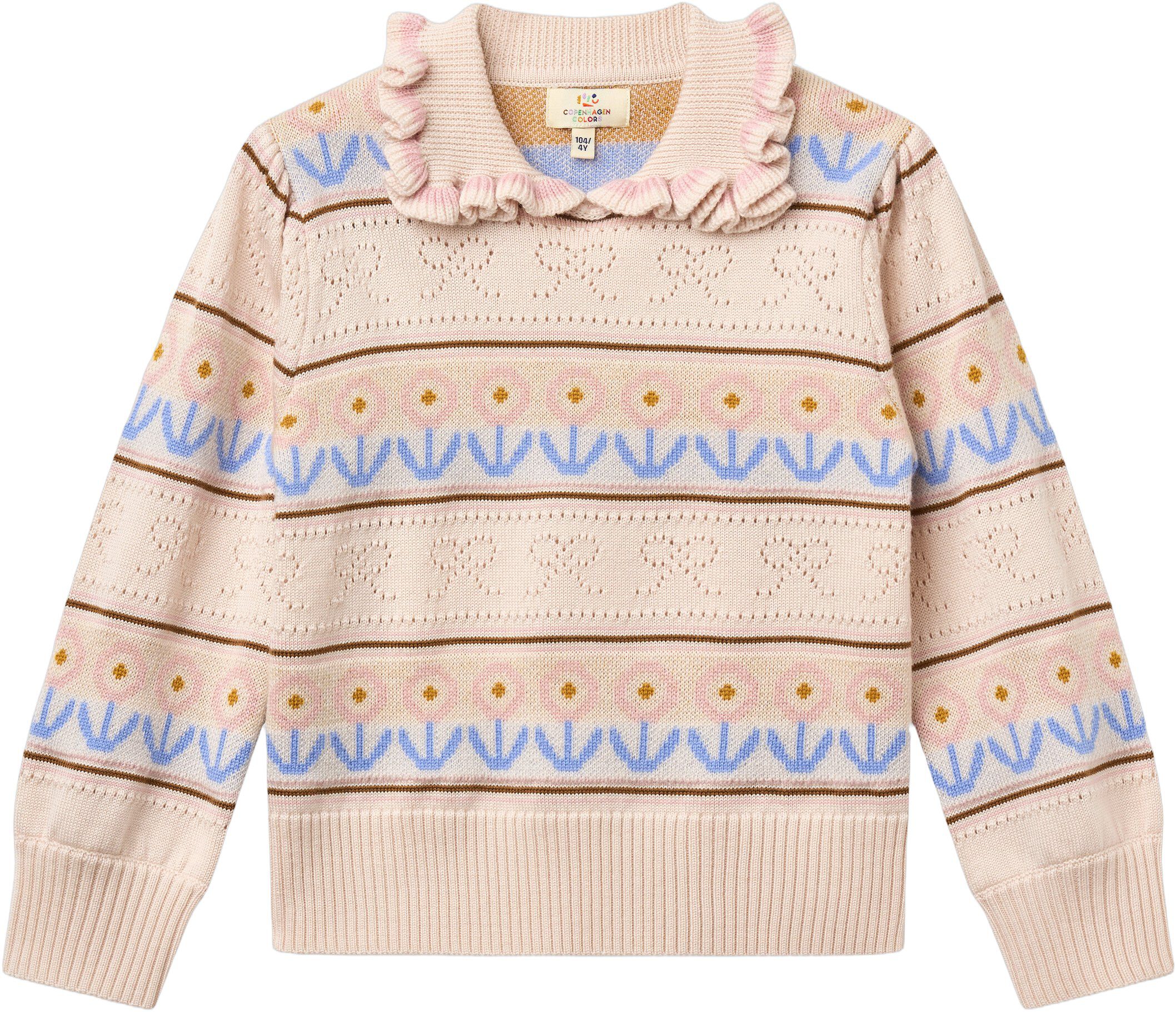 Knitted Collar Blouse w. Pointelle & Pattern