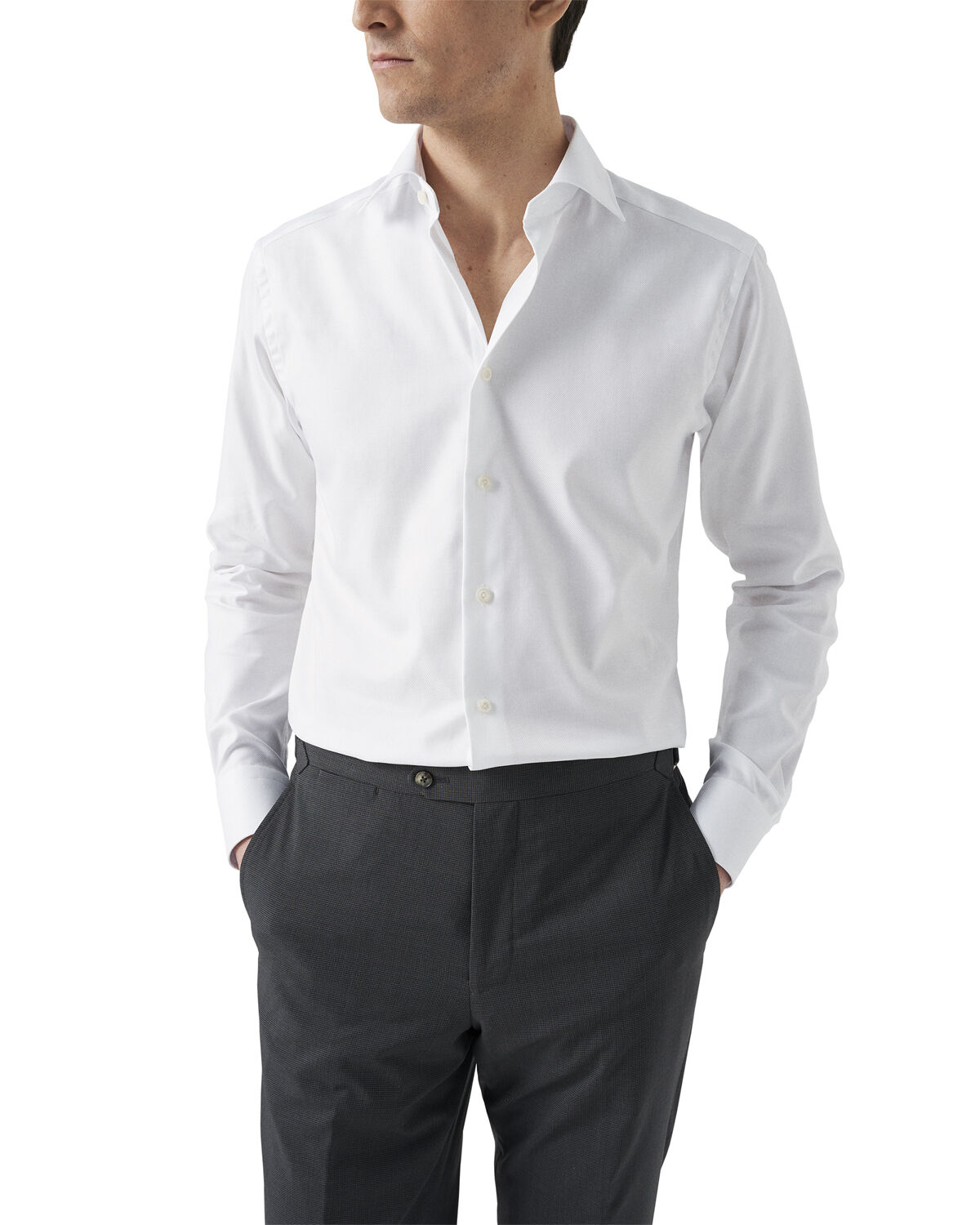Cont. Fit White Textured Twill Shirt - French Cuff