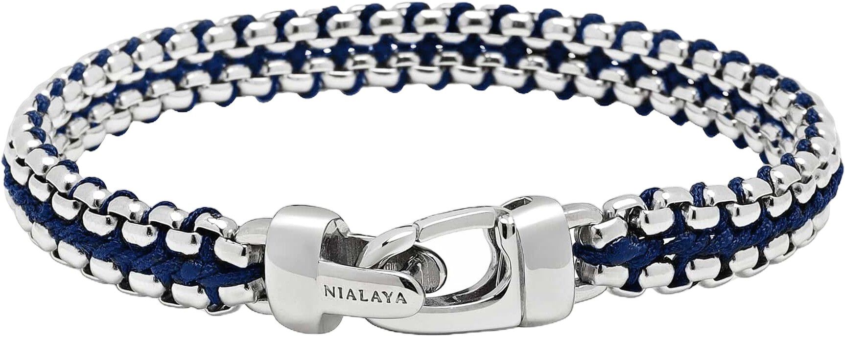 Navy Woven Box Chain Bracelet in Silver
