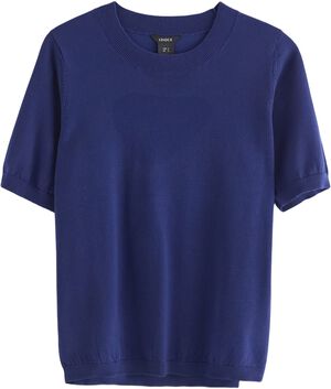 Finstrikket top med rund halsudsk&aelig;r