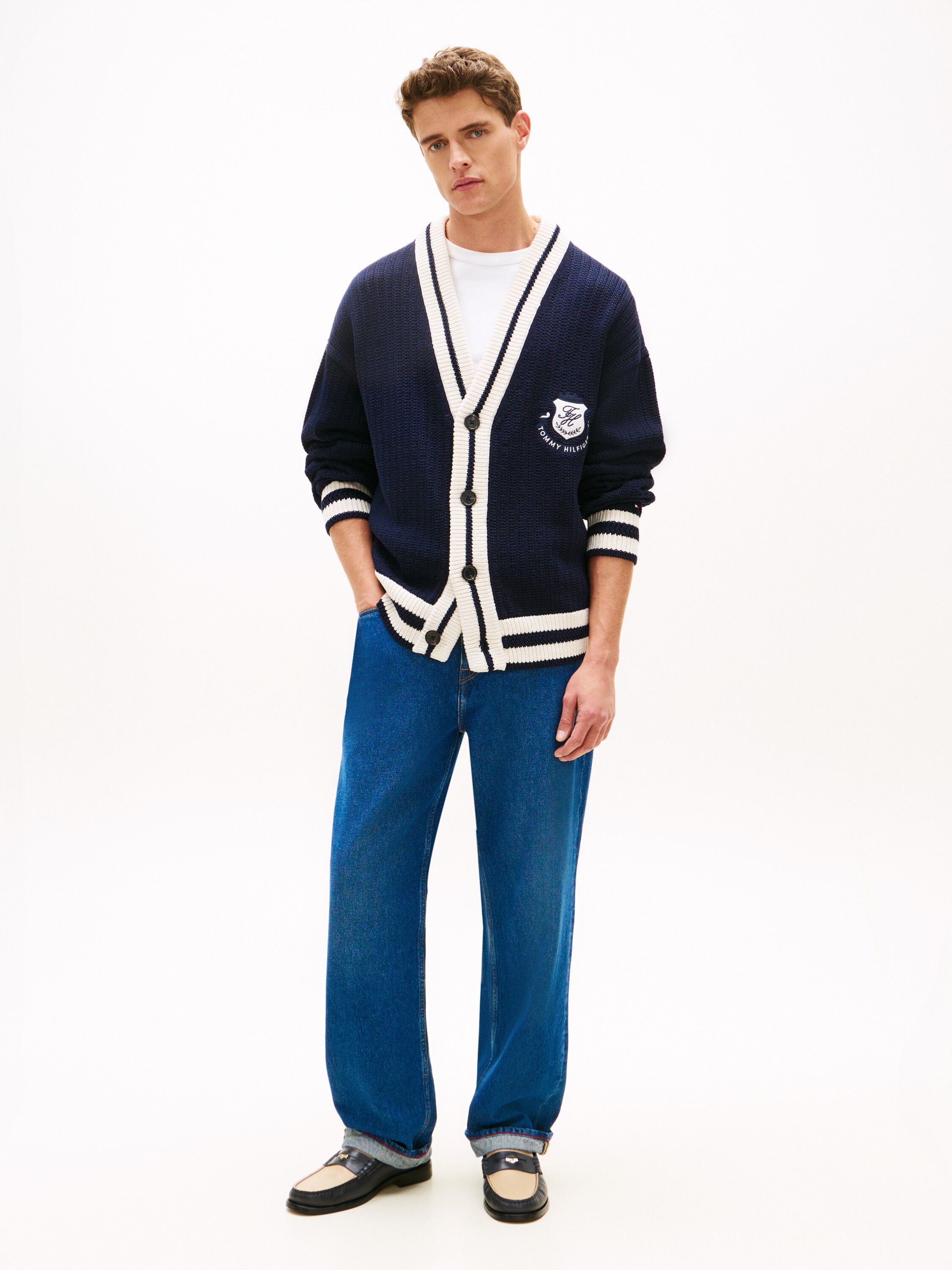 Crest Appliqu&eacute; Athleisure V-Neck Cardigan