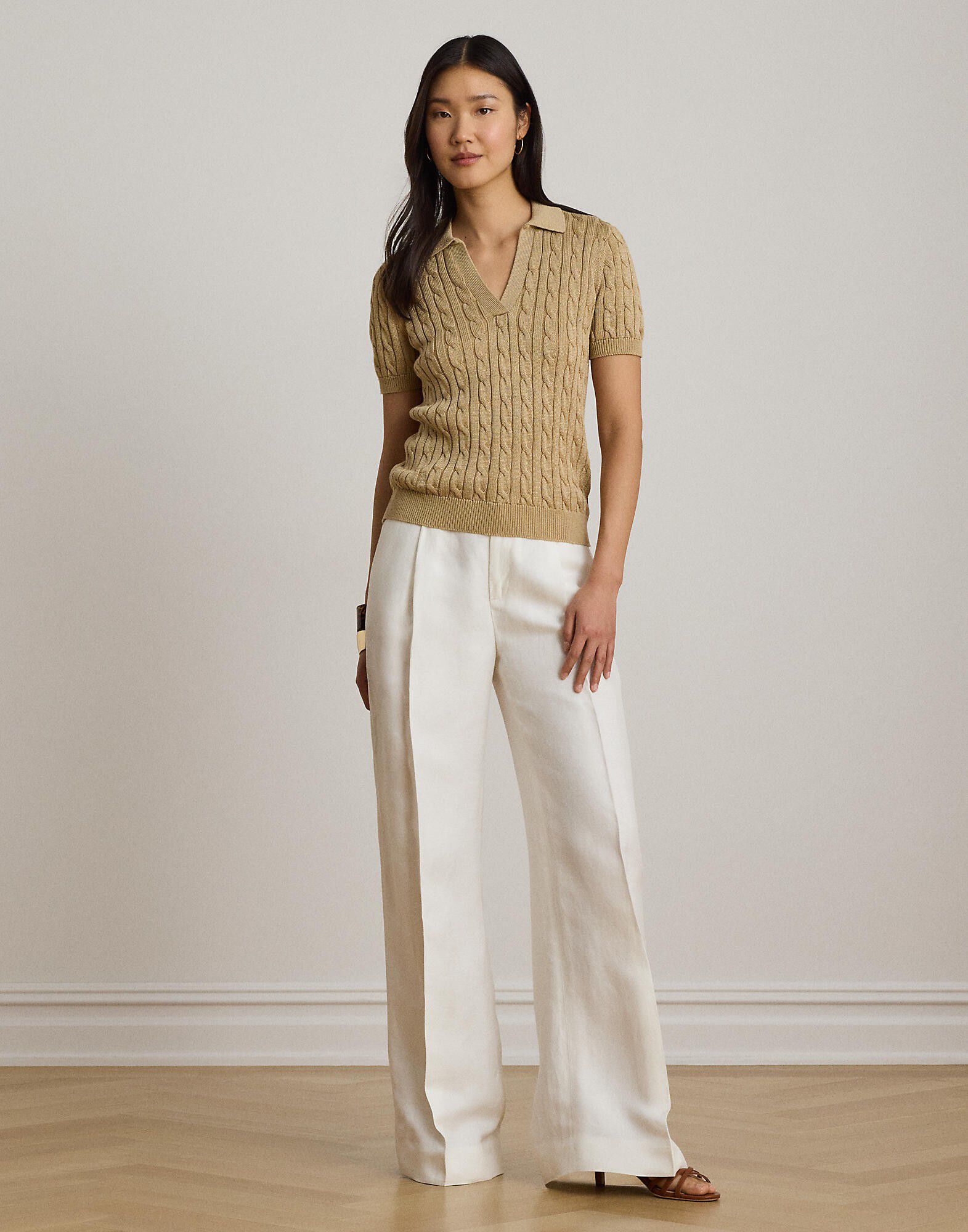 Cable Cotton-Blend Short-Sleeve Sweater