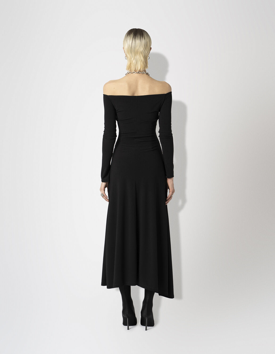 Crepe Jersey Off-Shoulder Drape Dress