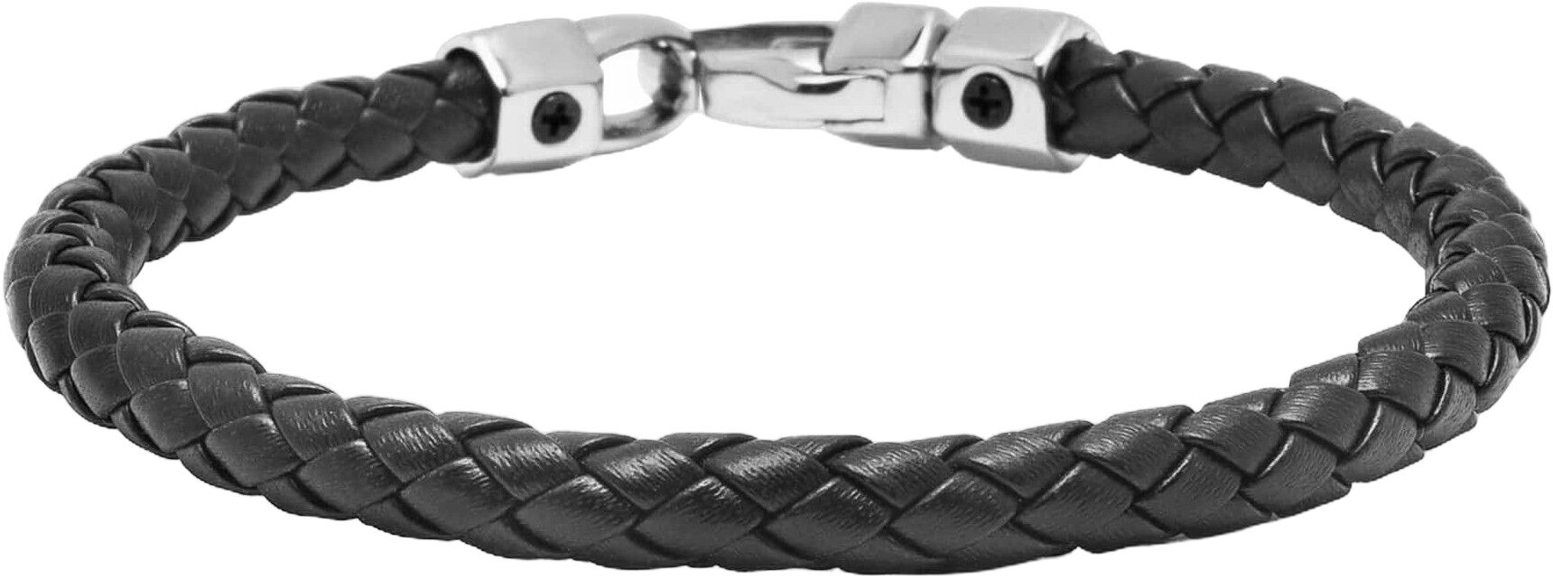 Braided Black Leather Bracelet in Silver