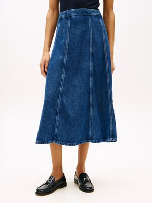 High Waisted Flared Denim Midi Skirt