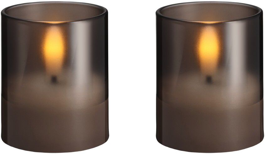 Moods & More - LED glass candle, Hurricane, Charcoal, 2-pack, 47x57 mm