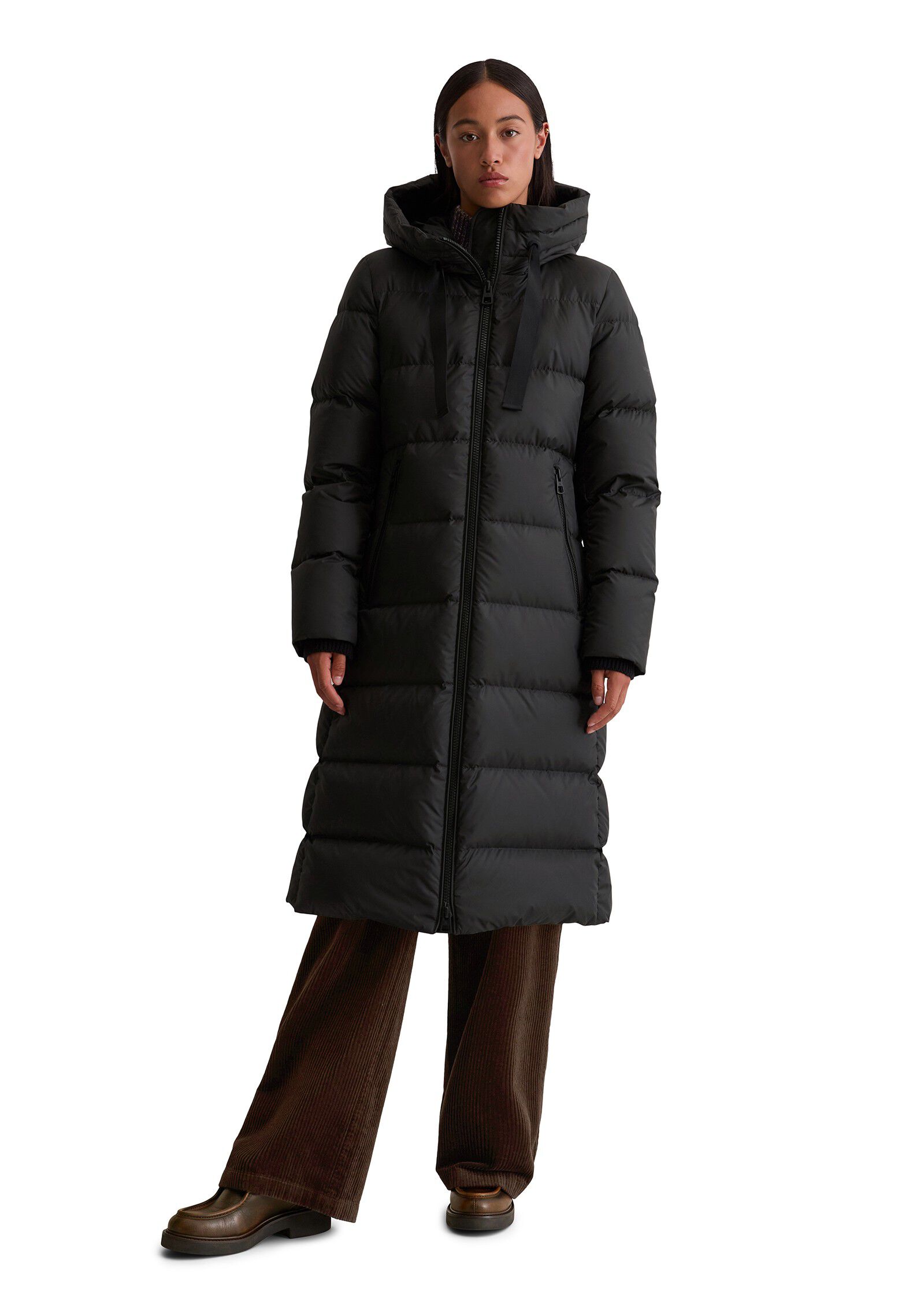 Long coat, down filled, with hood,