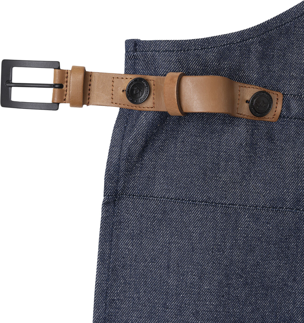 BBQ Style Apron, Denim Brut with leather straps in Cognac co