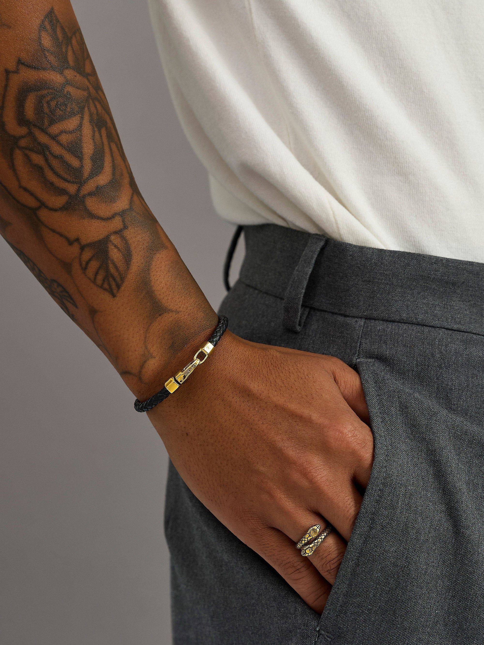 Braided Black Leather Bracelet in Gold