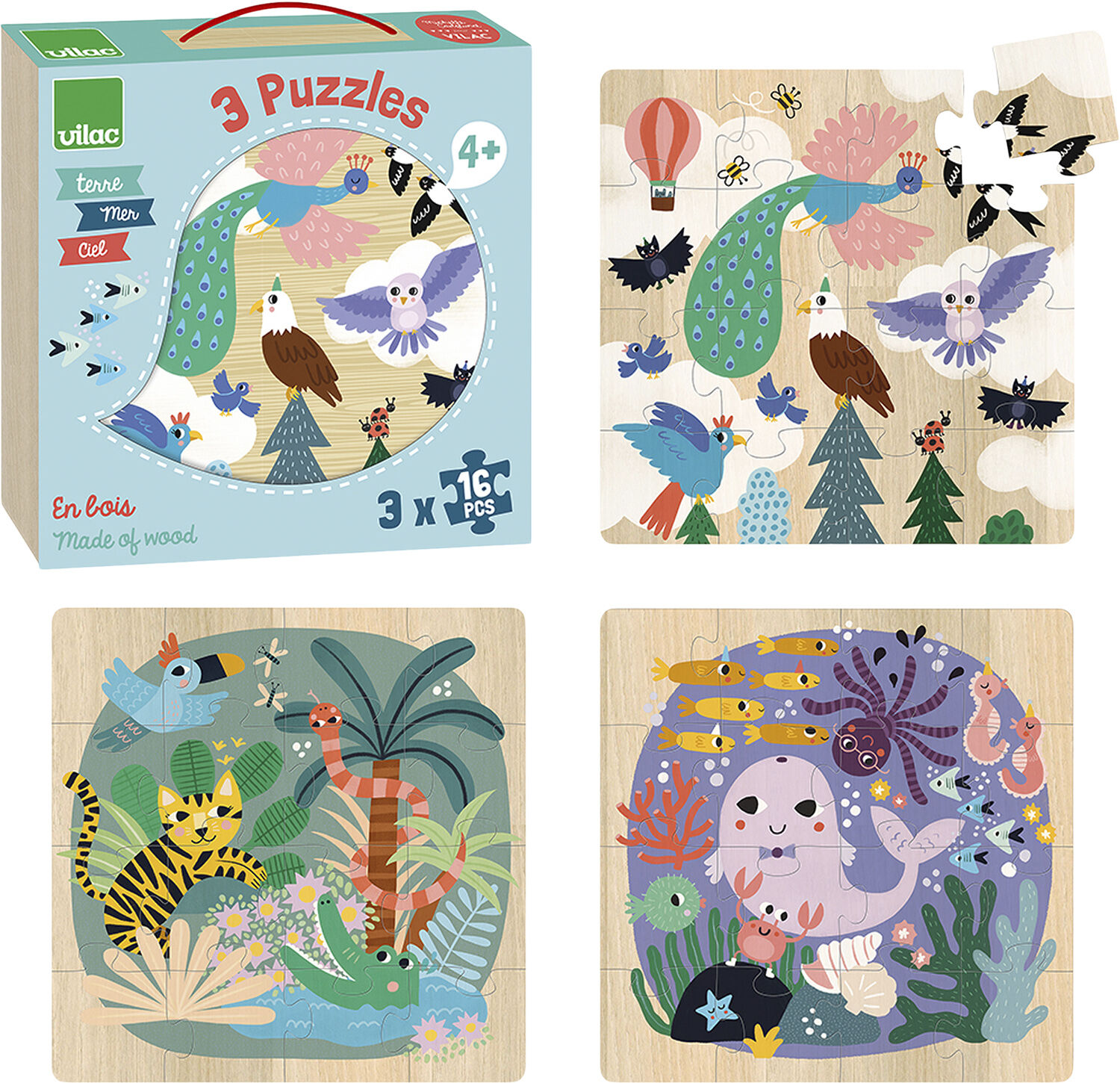 Vilac - Puslespil 3x16 brk - I luften i vandet og p&aring; jorden