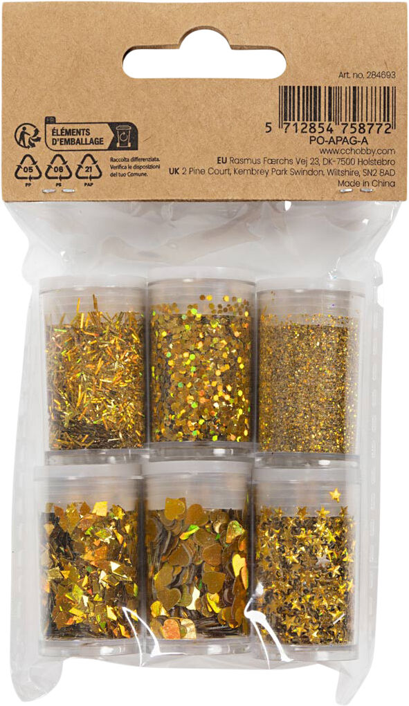 Bio-glimmer & Pailletter, guld, 6x7ml.