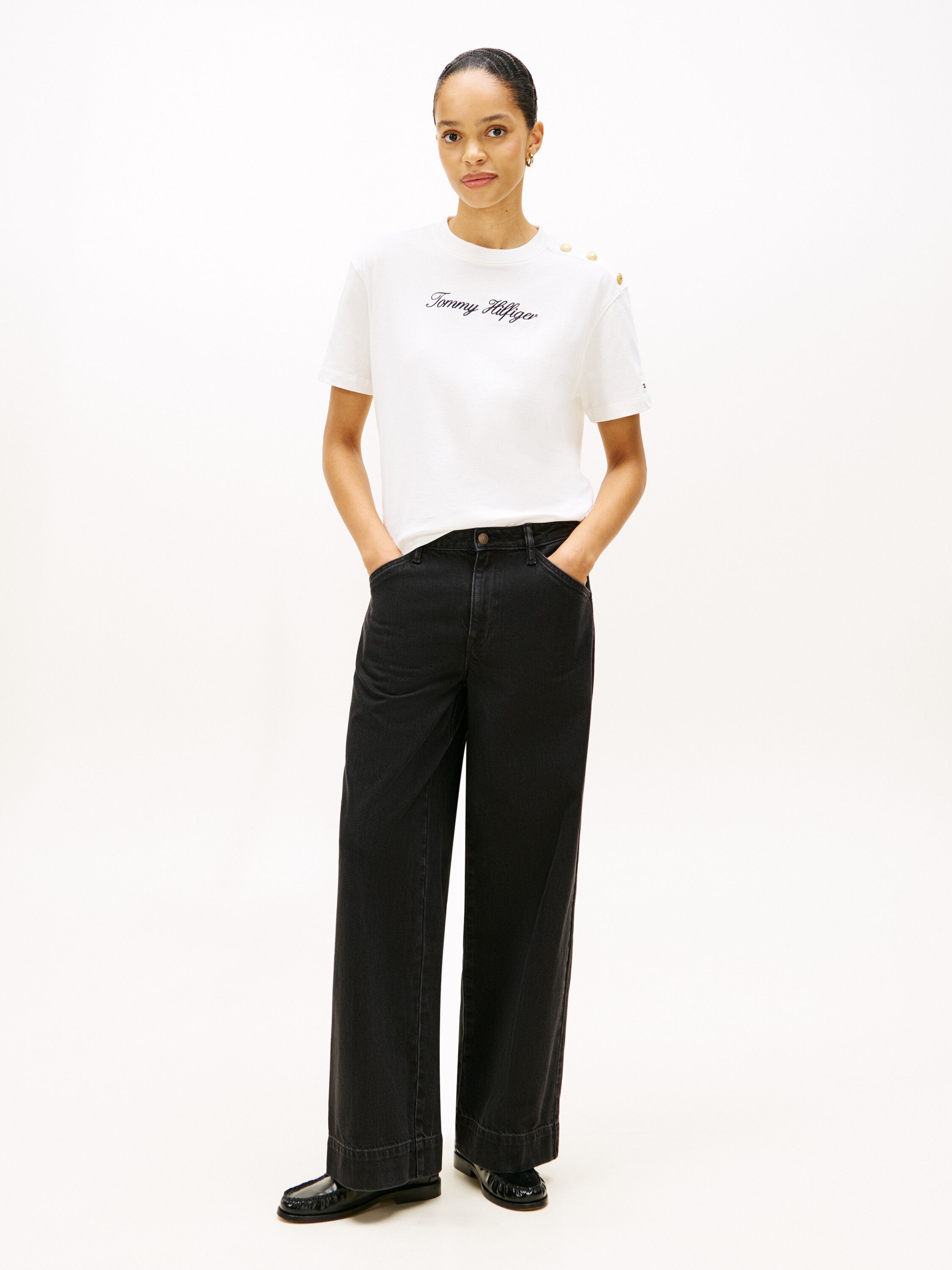 Gold-Tone Button Logo Embroidery Relaxed T-Shirt