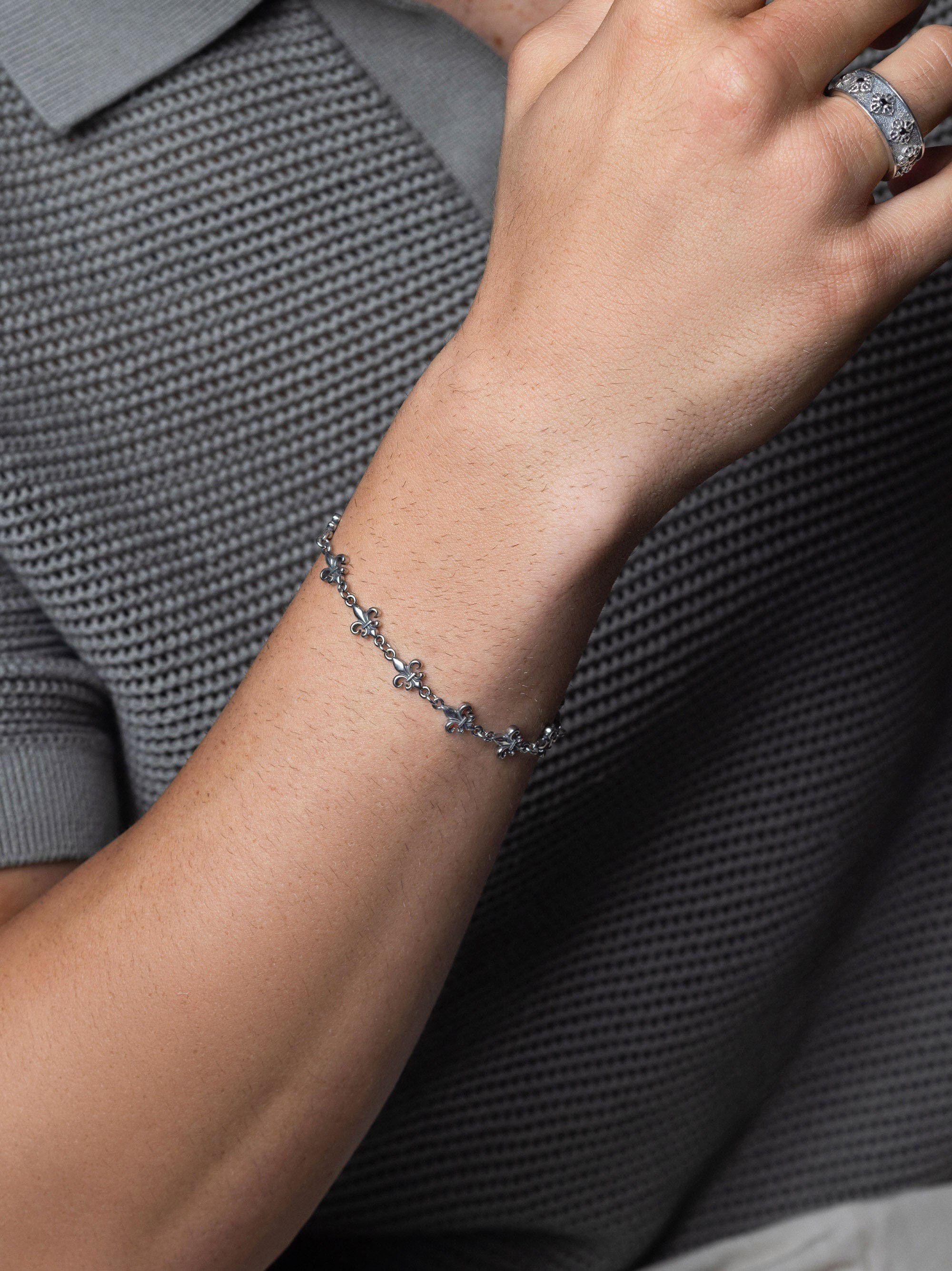 Men's Silver Fleur de Lis Linked Bracelet