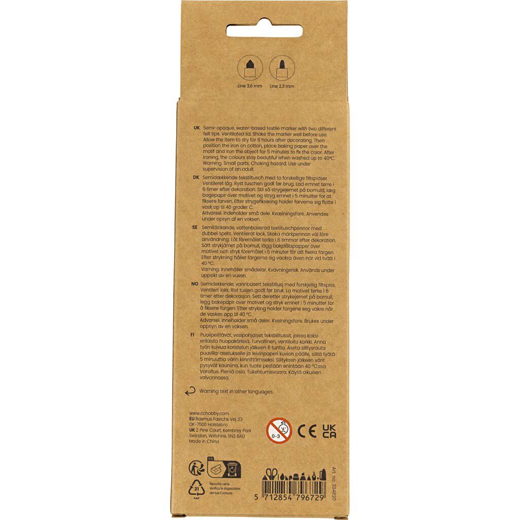 Tekstiltusch, streg 2,3+3,6 mm, 6 stk.